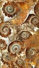 Fototapeta na wymiar Abstract rock formations with detailed sandstone surface embedded ammonite fossil texture spiral patterns - macro closeup background resource. 
