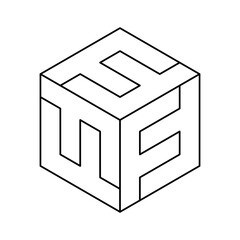 
F letter cube logo design template. Isometric hexagonal shape. Linear geometric 3D square with letter F repeating. Factory, fun, function, fast creative idea. Vector illustration, line icon, clip art