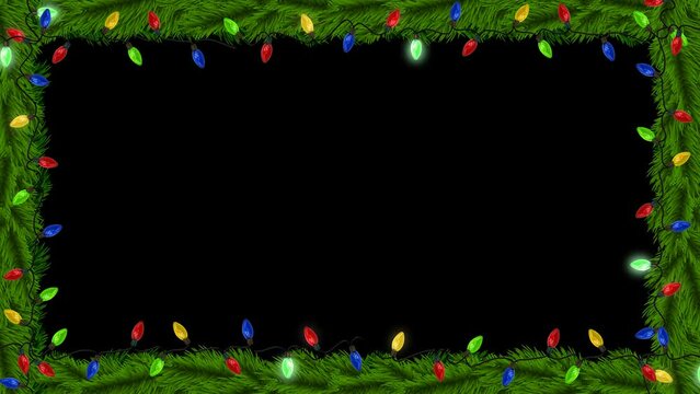 This stock motion graphics video shows a Christmas-themed frame with natural green garlands and twinkling lights.