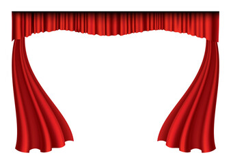 Red curtains realistic. Theater fabric silk decoration for movie cinema or opera hall. Luxury curtains and draperies interior decoration object. Isolated on white for theater stage