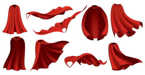 Fototapeta premium Superhero red capes. Carnival masquerade dress, 3d realistic costume design. Scarlet fabric silk cloak in different position, front, side and top view. Flying Mantle costume