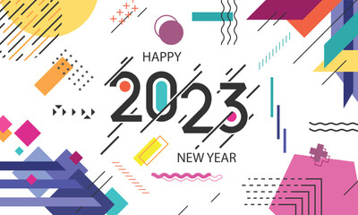 Happy new year 2023 illustration with modern geometric abstract design element. Suitable for banner, background, greeting card etc.