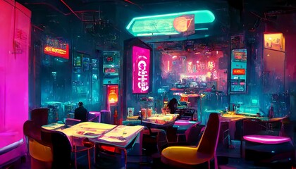 Cyberpunk cafe interior design with neon lights and tables illustration