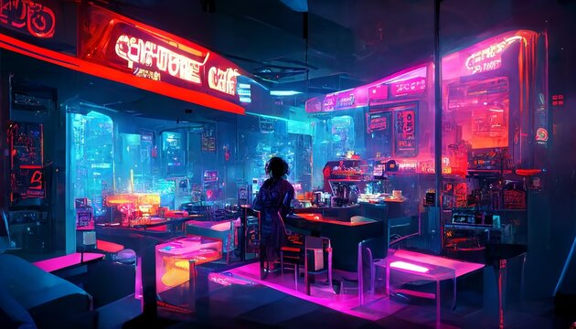 80's vibe synthwave coffee house interior design illustration