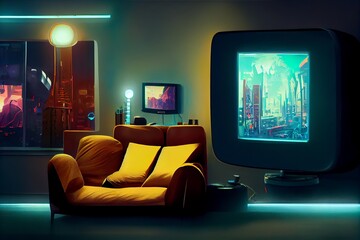 Futuristic cyberpunk living room interior design with outside view illustration 