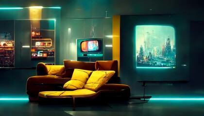 Futuristic synthwave living room interior design illustration 