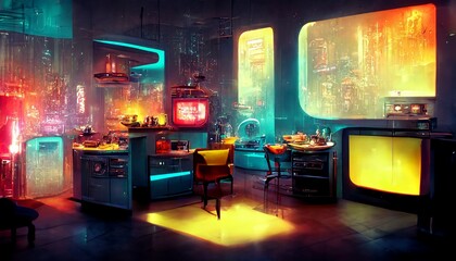 Obraz premium Synthwave kitchen interior design illustration 