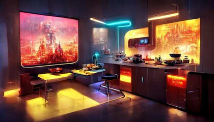 Cyberpunk kitchen interior design illustration	