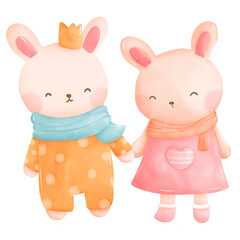 Bunny couple is holding hands.they are falling in love on valentine&rsquo;s dau.