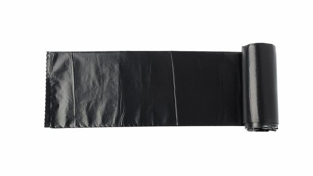 Garbage Bag Roll Animation, Trash Package, New Rolled Plastic Bin Bags, Black Polyethylene Waste Container on White Background