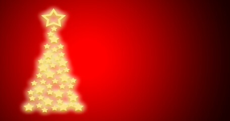 Fondo rojo con árbol de navidad dorado iluminado.