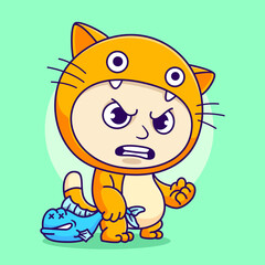 cute kid wearing a cat costume and carrying a fish