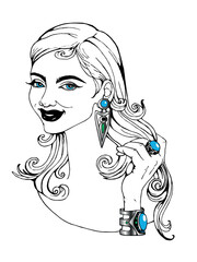 fashion illustration, Jewelry, bijouterie, a ring with a diamond, ring and earrings set, ring earrings and bracelet with turquoise, fashion model.