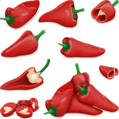 Set with whole, half, quarter, slices, and wedges of Spanish Piquillo peppers. Pimiento pepper. Capsicum annuum. Red chili pepper. Vegetables. Vector illustration isolated on white background.