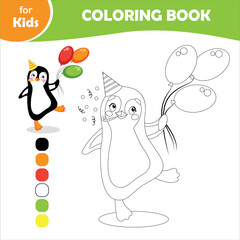 Coloring book for children. Cute penguin in birthday and holiday style
