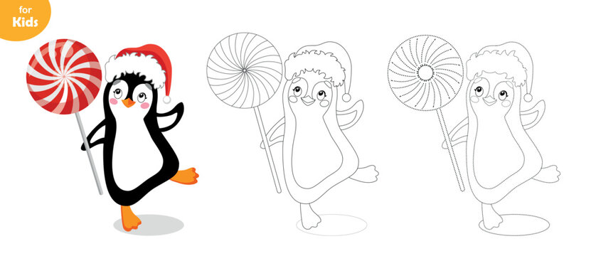 Coloring book for children. Penguin in New Year's hat with a lollipop in hands