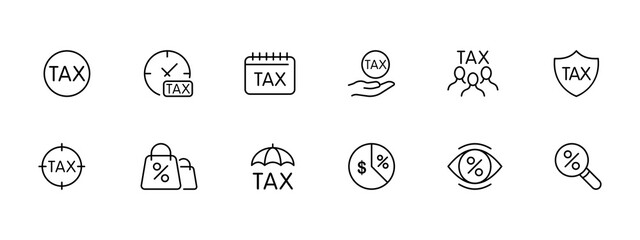 Taxes set icon. Payment, taxpayer, pay, dollar sign, pie chart, counting house, accounting, currency, calendar, percent, aim, eye, clock. Business concept. Vector black set icon on a white background