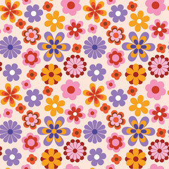 retro floral seamless pattern, groovy 60s, 70s digital paper, hippie background