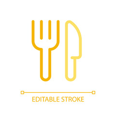 Fork and knife pixel perfect color linear ui icon. Restaurant sign. Serve up table. Kitchen utensil. GUI, UX design. Outline isolated user interface pictogram. Editable stroke. Arial font used