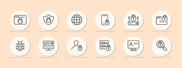 Network Security set icon. Cyber security, protect your computer, antivirus, hacker, lock, password, defender, protecting. Privacy protection concept. Pastel color background