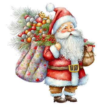 Cute Santa Claus with Presents and Christmas Decocration, Watercolor Illustration isolated on white Background