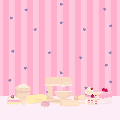 Fototapeta premium Stand mixer and baking ingredient on pink stripe pattern