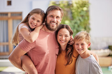 Happy family, hug and portrait outdoor with mother, dad and children bonding with love and care. Parents, kid and happiness of a big family smile about new home and summer fun in a house garden