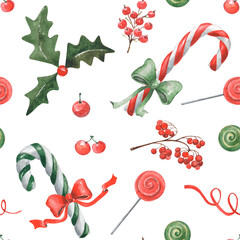 Watercolor seamless christmas pattern with holiday desserts, leaves and berries. Traditional xmas striped candies and lollipops.