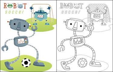Playing soccer with funny robots cartoon, coloring book or page