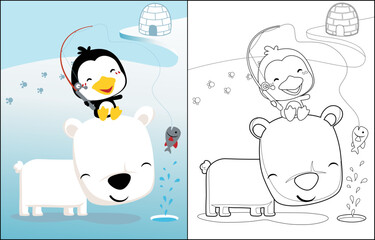 Funny cartoon of polar bear and penguin fishing in antarctica , coloring book or page