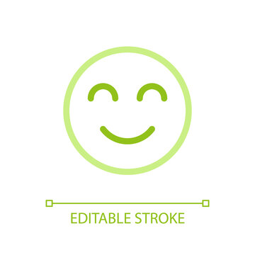 Contented emoji pixel perfect color linear ui icon. Pleased, relaxed. Optimistic mood. Online communication. GUI, UX design. Outline isolated user interface pictogram. Editable stroke. Arial font used