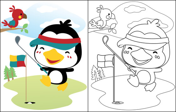 Coloring book of cute penguin cartoon playing golf, bird on tree branches