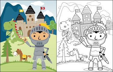 Knight cartoon with dragon and horse on castle background, coloring book or page