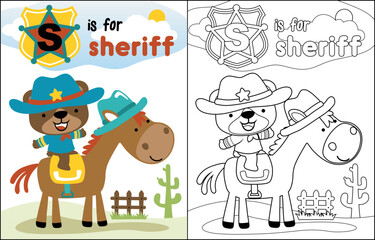 Cute bear cartoon in sheriff costume riding horse, coloring book or page