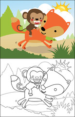 Naklejka premium Coloring book of monkey cartoon ride on fox's back in jungle