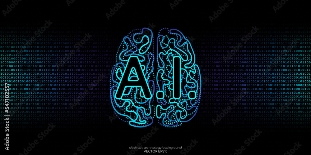 Poster Vector illustration left right human brain blue light and binary code black background in concept of A.I. artificial intelligence technology, machine learning, neuroscience