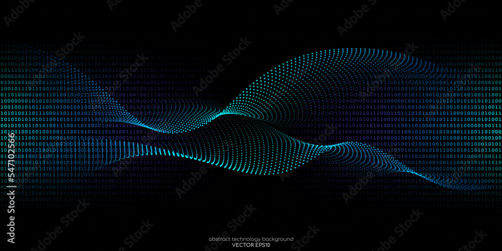 Poster Vector abstract technology background wavy dot particles pattern and binary code texture background by blue green light on black for banner in concept digital, technology, big data, computer, science.