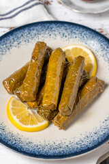 Stuffed leaves with olive oil on a white wooden background. Mediterranean cuisine delicacies. Local name zeytinyagli yaprak sarma. Close-up