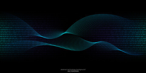 Vector abstract technology background wavy dot particles pattern and binary code texture background by blue green light on black for banner in concept digital, technology, big data, computer, science. - obrazy, fototapety, plakaty