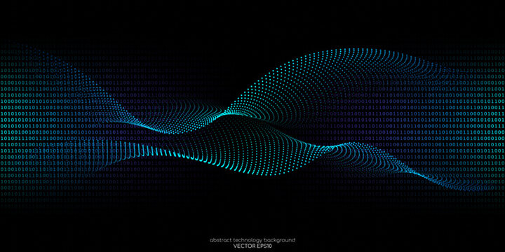 Vector abstract technology background wavy dot particles pattern and binary code texture background by blue green light on black for banner in concept digital, technology, big data, computer, science.