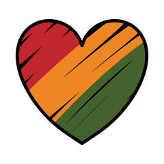 Heart symbol with hand drawn stroke, 3 stripes colors of African flag - red, yellow, green.  Cute sticker, design element for Kwanzaa, Juneteenth, Black History Month