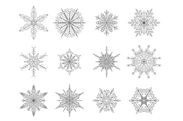 Snowflake doodle. Beautiful set white snowflakes for winter design. Collection of Christmas New Year elements. Frozen silhouettes of crystal snowflakes. Modern design hand drawn. Holiday wallpapers.