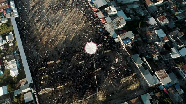 Crowded People Gathered During The Festive Event Of D&iacute;a de Los Muertos With Giant Kites In Guatemala. Aerial Topdown