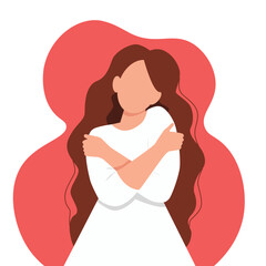 
Self love concept, faceless woman hugging herself, flat style vector illustration isolated on pink background. Vector illustration.
