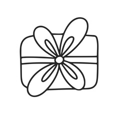 Doodle gift. Simple outline image closed box clip art. Hand drawn gift box surprise isolated vector