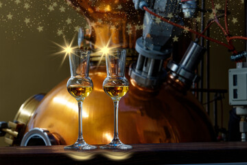 Christmas distiller, liqueur glasses with golden christmas stars in front of a gin distiller.
