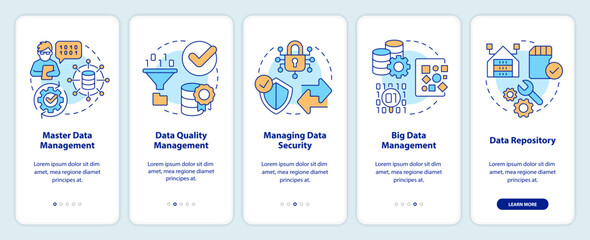 Types of data management onboarding mobile app screen. Information walkthrough 5 steps editable graphic instructions with linear concepts. UI, UX, GUI template. Myriad Pro-Bold, Regular fonts used