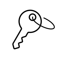 Keys with a keychain in the form of a house line icon. Renting an apartment, buying, selling real estate. Doors, lock, keyhole. Vector black line icon on a white background