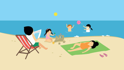 family resting on the sea