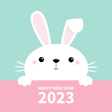 Happy Chinese New Year 2023. The year of the rabbit. Bunny face and paws. Cute cartoon kawaii funny baby character. Long ears. Farm animal collection. Blue background. Greeting card. Flat design